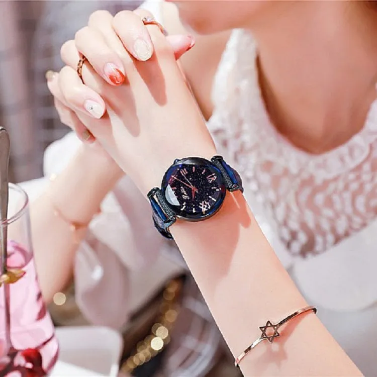 Women's Watch diamond black starry sky dial leather strap elegant watch