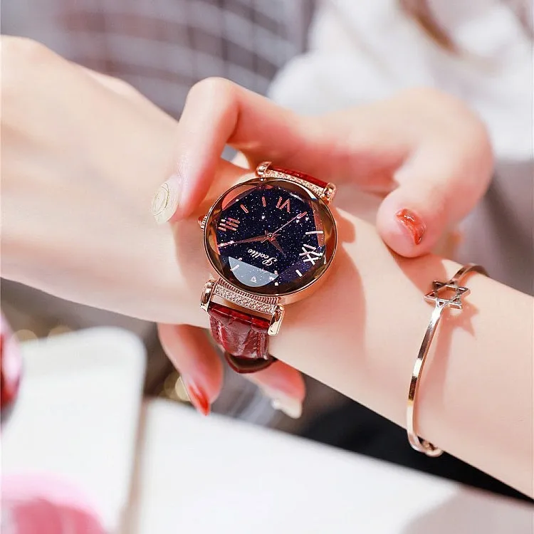 Women's Watch diamond black starry sky dial leather strap elegant watch