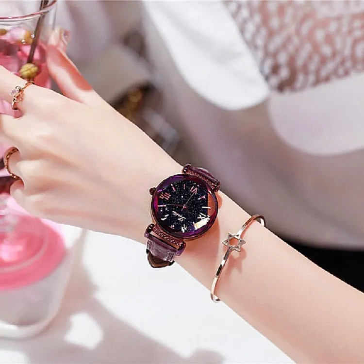 Women's Watch diamond black starry sky dial leather strap elegant watch