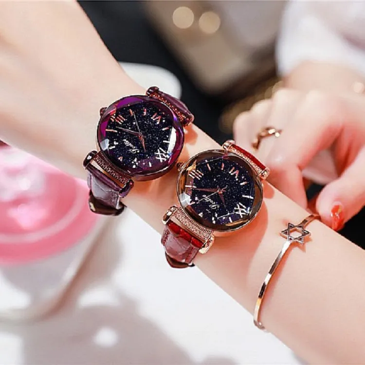 Women's Watch diamond black starry sky dial leather strap elegant watch