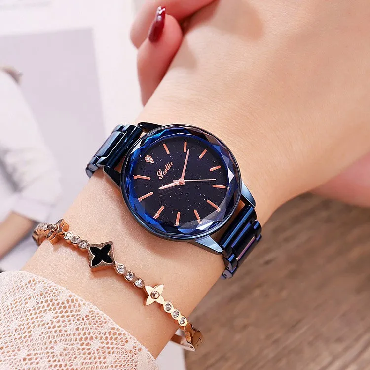 Women's Watch diamond blue starry pattern dial with scale stainless steel strap elegant watch