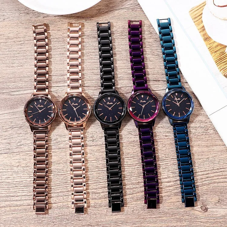 Women's Watch diamond blue starry pattern dial with scale stainless steel strap elegant watch