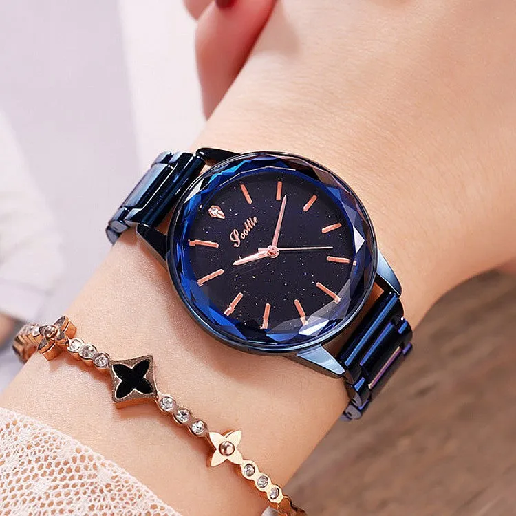 Women's Watch diamond blue starry pattern dial with scale stainless steel strap elegant watch