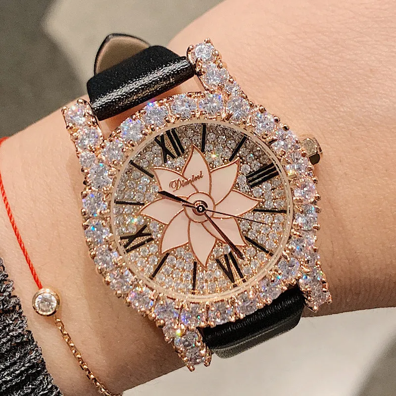 Women's Watch Shining Full Zircon Diamond dial leather strap elegant watch