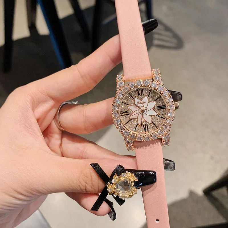 Women's Watch Shining Full Zircon Diamond dial leather strap elegant watch