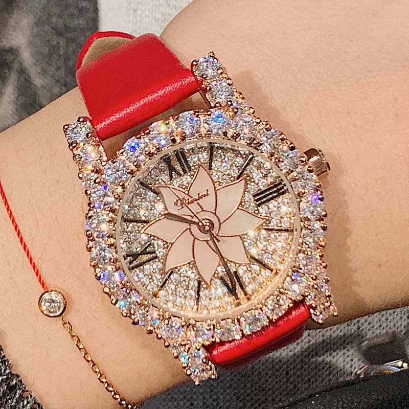 Women's Watch Shining Full Zircon Diamond dial leather strap elegant watch