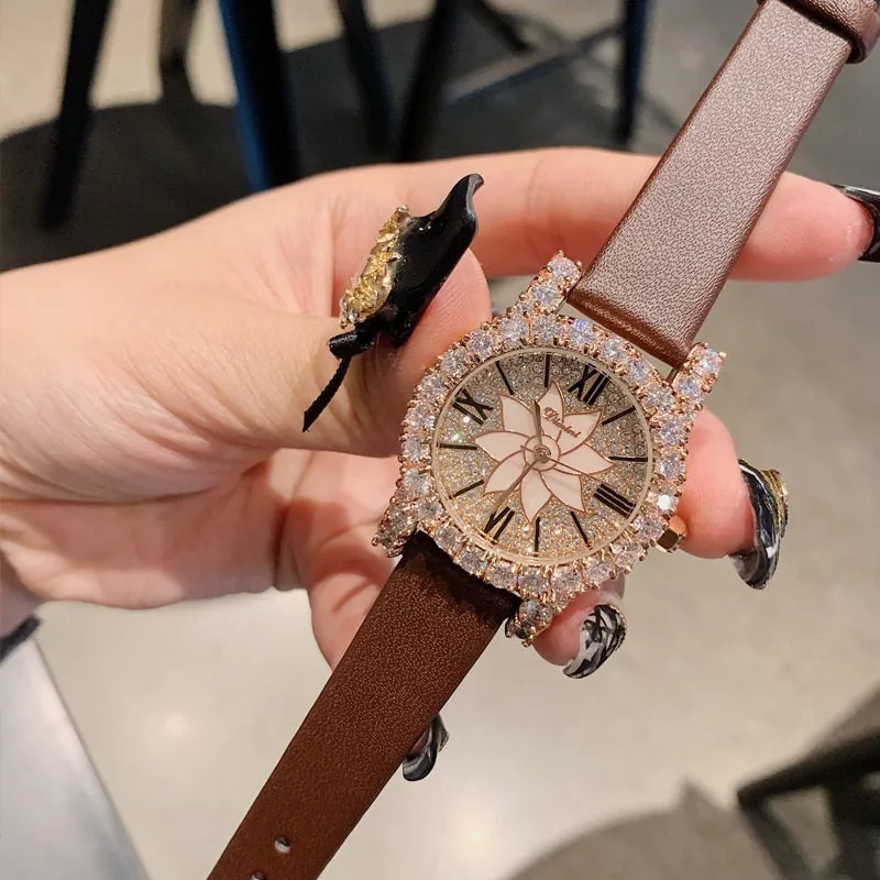 Women's Watch Shining Full Zircon Diamond dial leather strap elegant watch