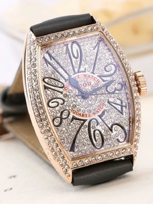 Women's Watch vintage wine barrel shape full rhinestone dial leather strap elegant watch