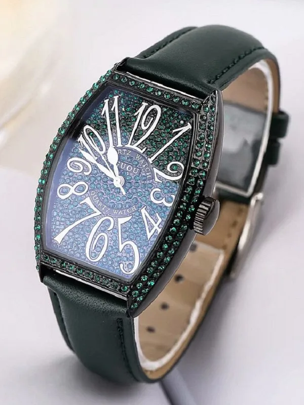 Women's Watch vintage wine barrel shape full rhinestone dial leather strap elegant watch