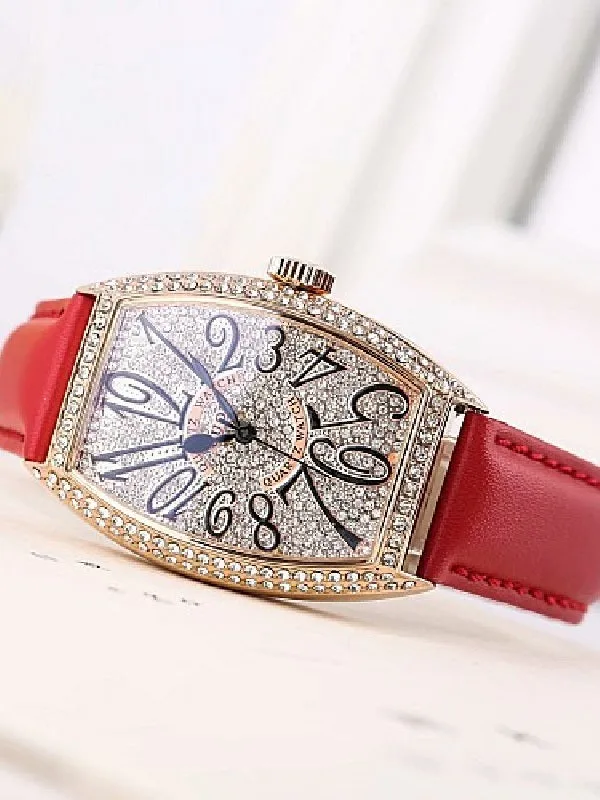 Women's Watch vintage wine barrel shape full rhinestone dial leather strap elegant watch