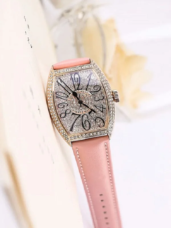 Women's Watch vintage wine barrel shape full rhinestone dial leather strap elegant watch