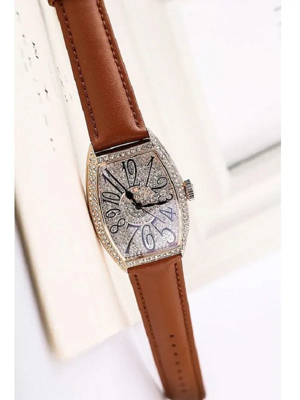 Women's Watch vintage wine barrel shape full rhinestone dial leather strap elegant watch