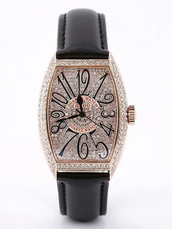 Women's Watch vintage wine barrel shape full rhinestone dial leather strap elegant watch